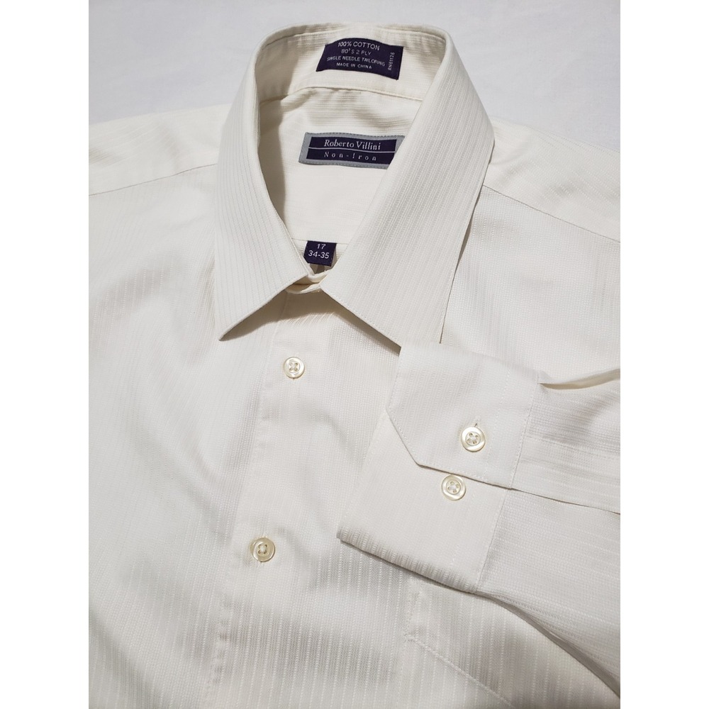 Roberto Villini Long Sleeve Button Front Shirt Solid‎ Ivory Men's 17 34-35